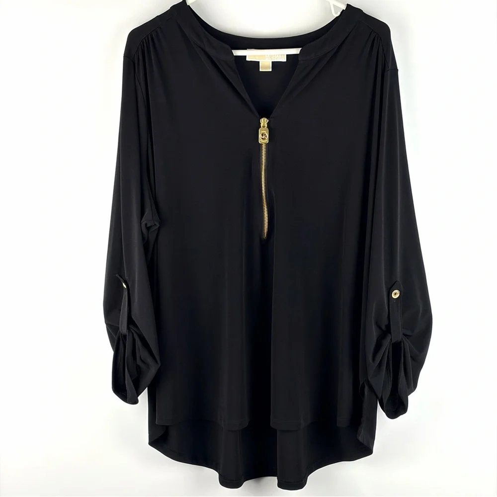 Michael Kors Black Zip Front Blouse Gold Hardware Roll Tab Sleeve 2X - Picture 4 of 12